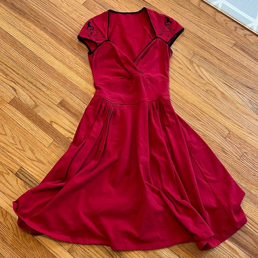 Pinup Girl Clothing Boutique rockabilly red fitted top swing dress